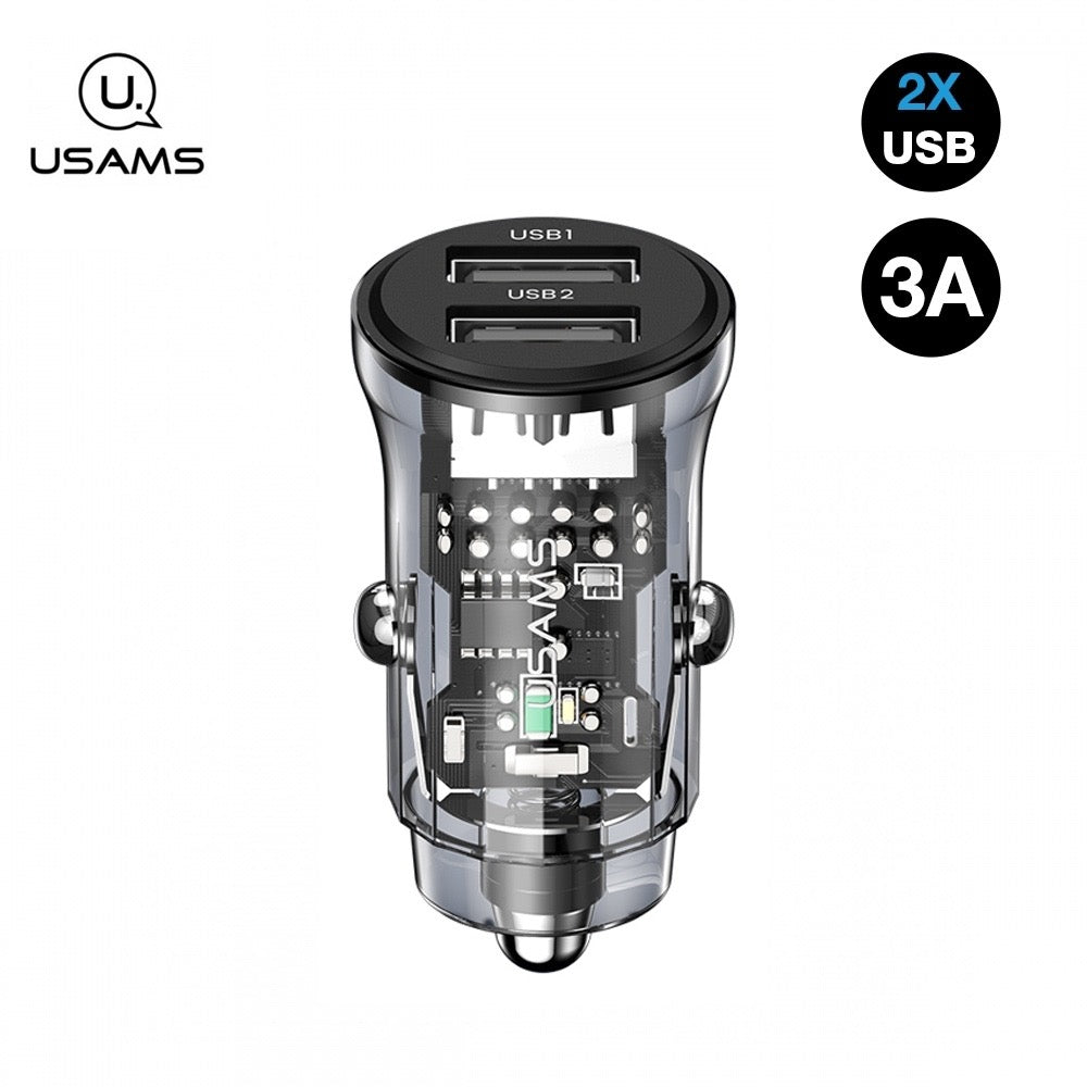 Chargeur Allume Cigare Transparent Usams - 2 entrées USB - 3A